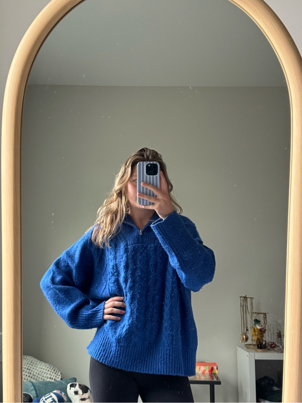 Blue Cable Knit Quarter-Zip Sweater